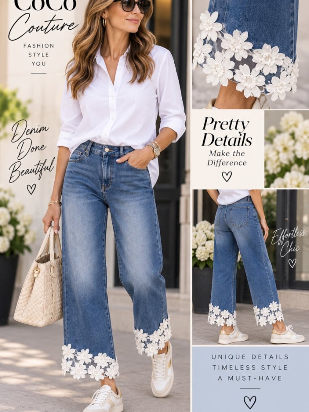 P11435LL Denim Daisy Floral Hem Jeans